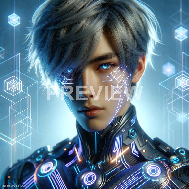 The image features a highly detailed and futuristic portrait of a young individual with striking blue eyes and short, tousled silver hair. Their face is partially illuminated with glowing circuit-like lines and digital patterns, emphasizing a cybernetic or sci-fi theme. They are dressed in a high-tech, armored outfit adorned with luminous accents, with floating holographic geometric shapes in the background, suggesting a digital or virtual environment.